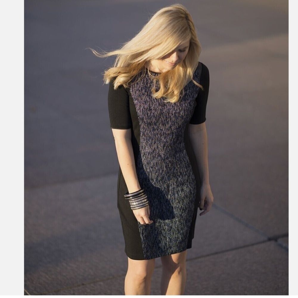 Elie Tahari NWOT SS Slimming Sheath Tweed Panel Short Sleeve Dress Size 4